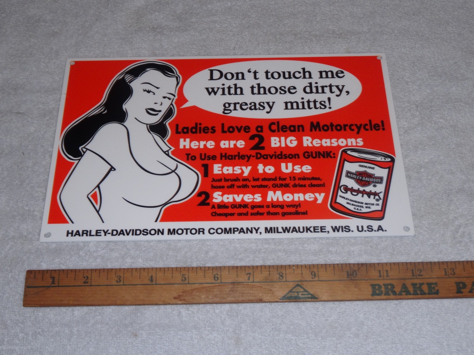 VINTAGE HARLEY DAVIDSON MOTORCYCLE GUNK WOMAN 12" MOTOR CYCLE GASOLINE OIL SIGN!