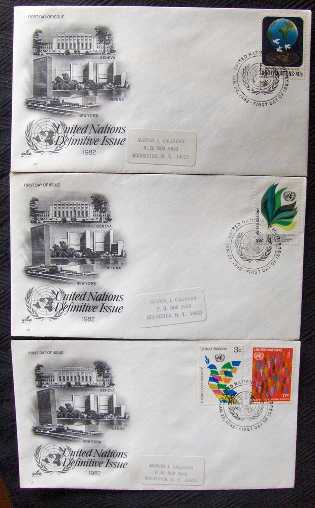 United Nations 3 different FDC DEFINITIVE ISSUE New York 1982.