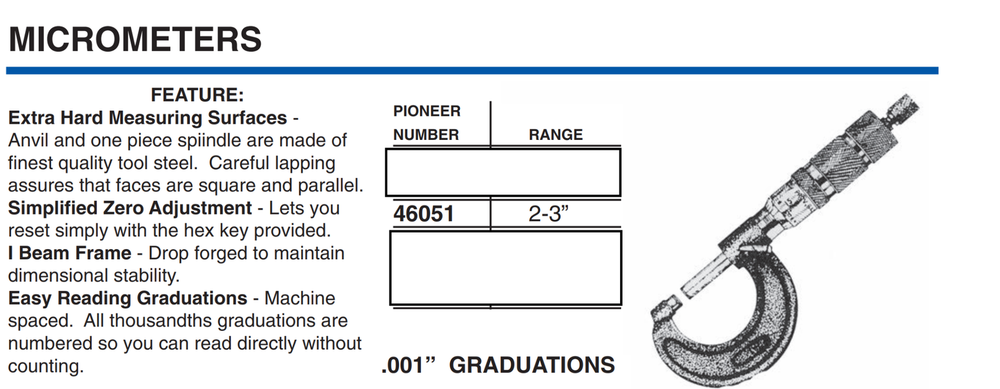 Pioneer Central Tools Micrometer. 2-3" Range, .001" Graduations USA