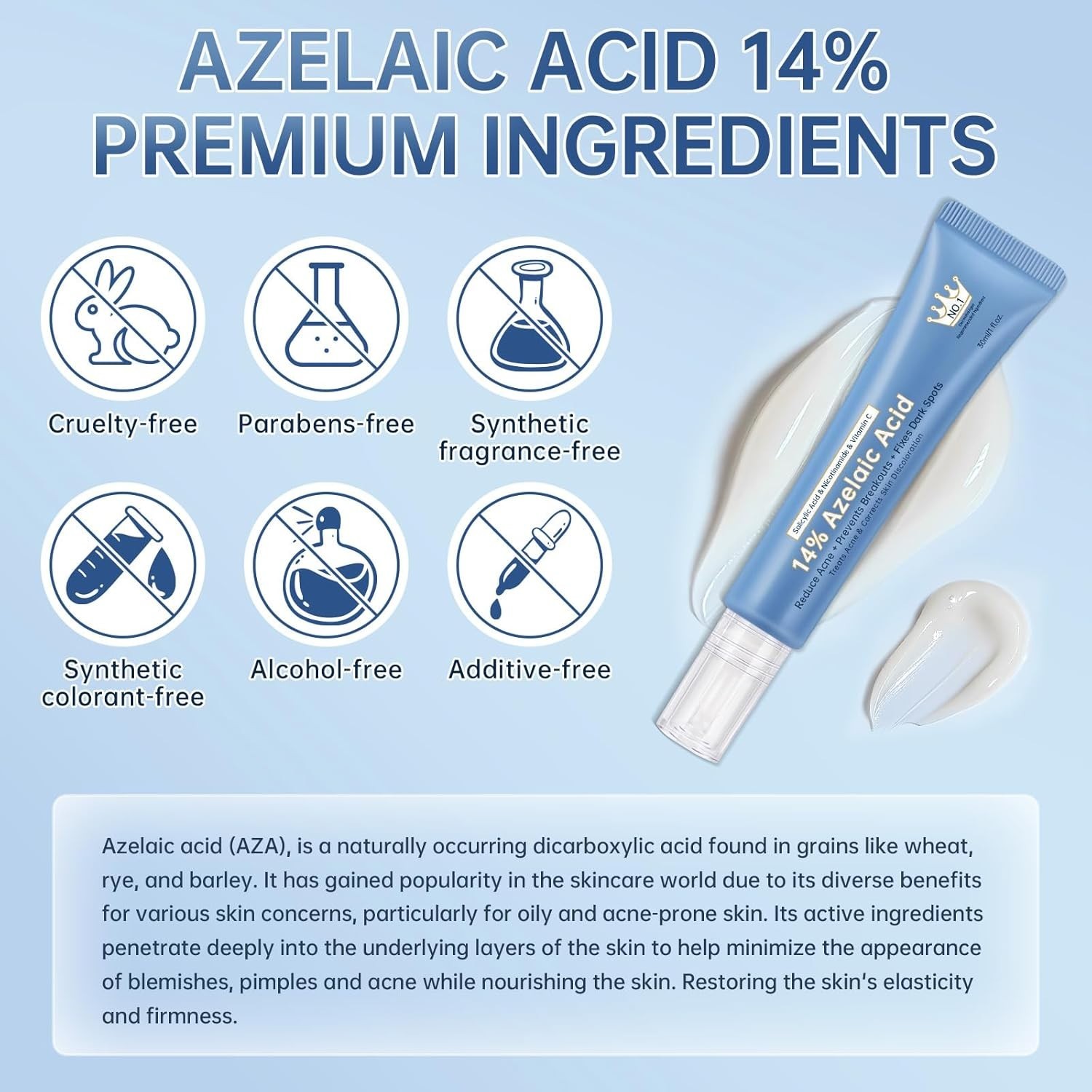 Azelaic Acid 14% Acne Cream for Redness Relief, Dark Spots, Facial Serum with Ni