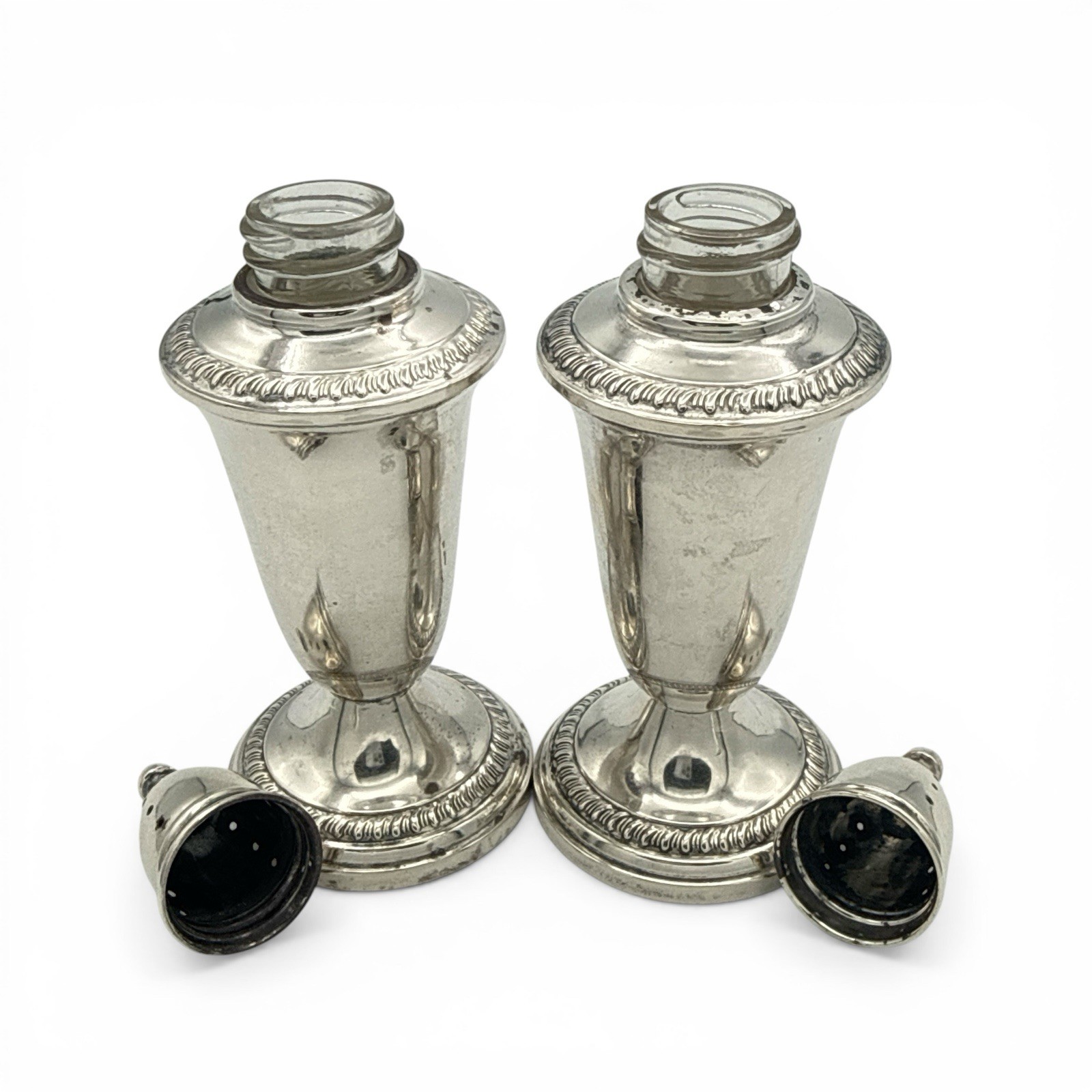 1950-60's CROWN Sterling Weighted Salt & Pepper Shakers Regal Shape Twist Top