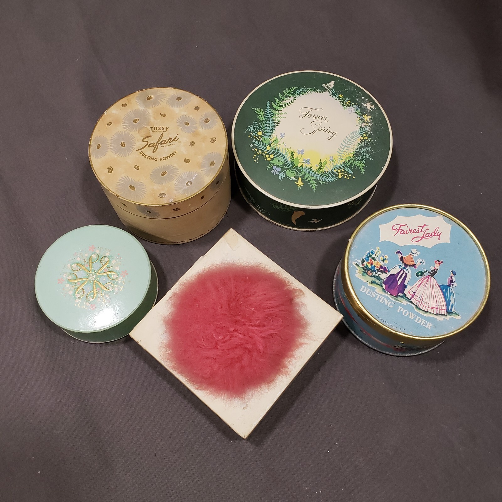 Vintage Dusting Powder Boxes Lot of 5 Advertising Vanity Collectibles 1940s 50s