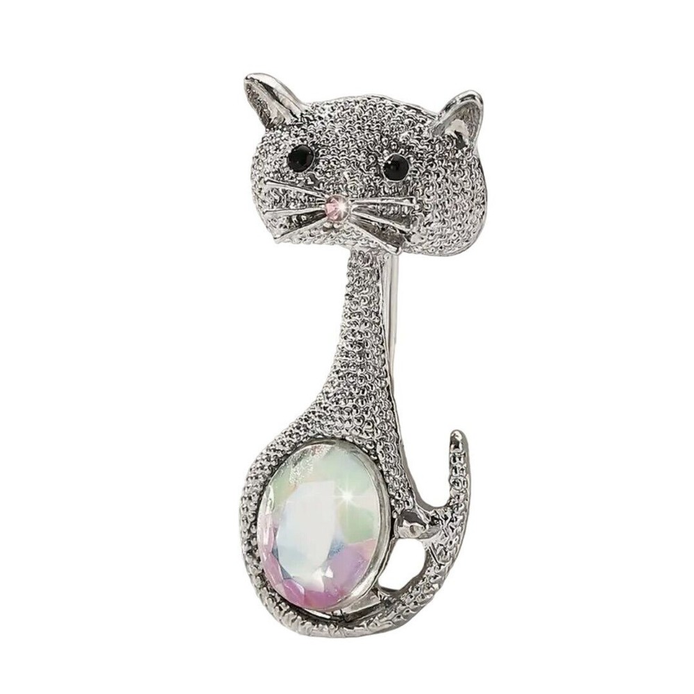 Silver Tone Cat Brooch With Crystal Gemstone