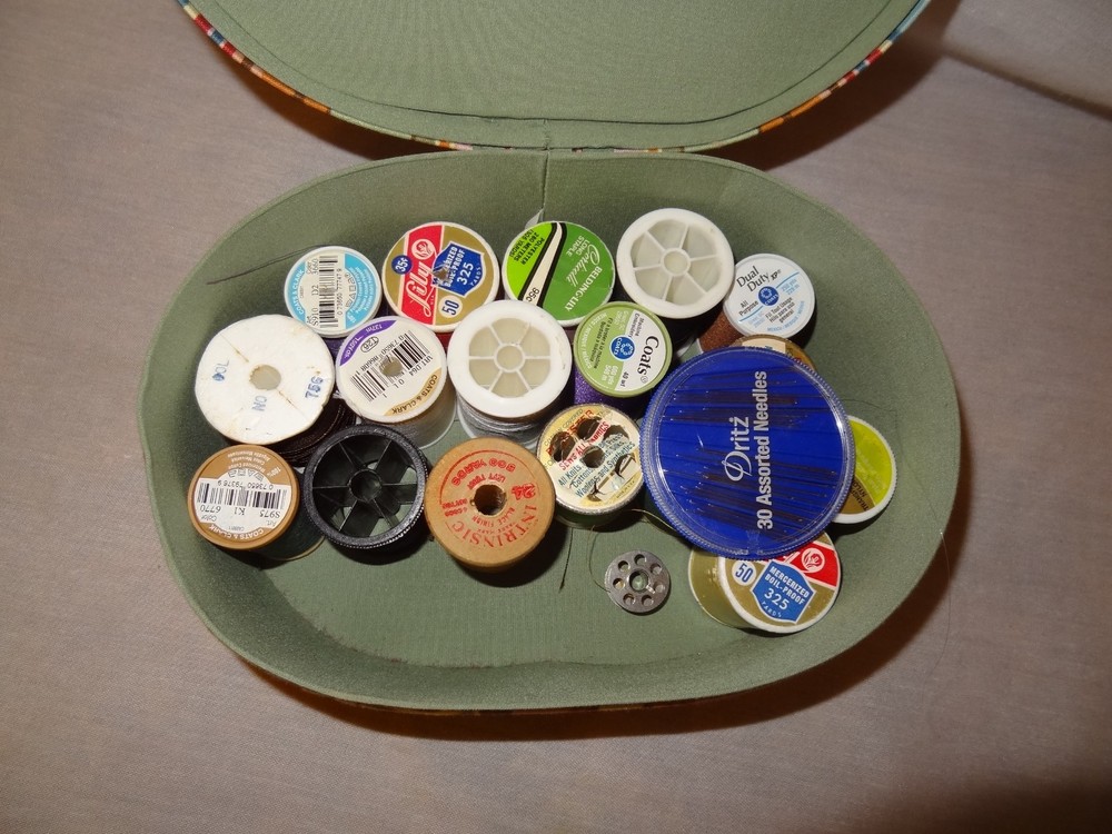 Sewing Box Mixed Lot 17 Thread Spools Different Colors Needles Bobbin