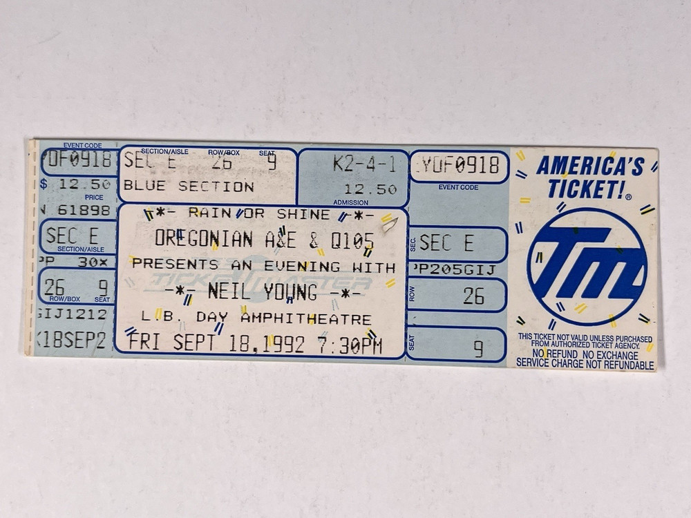 Neil Young Unused Ticket Original Ampitheatre September 18th 1992