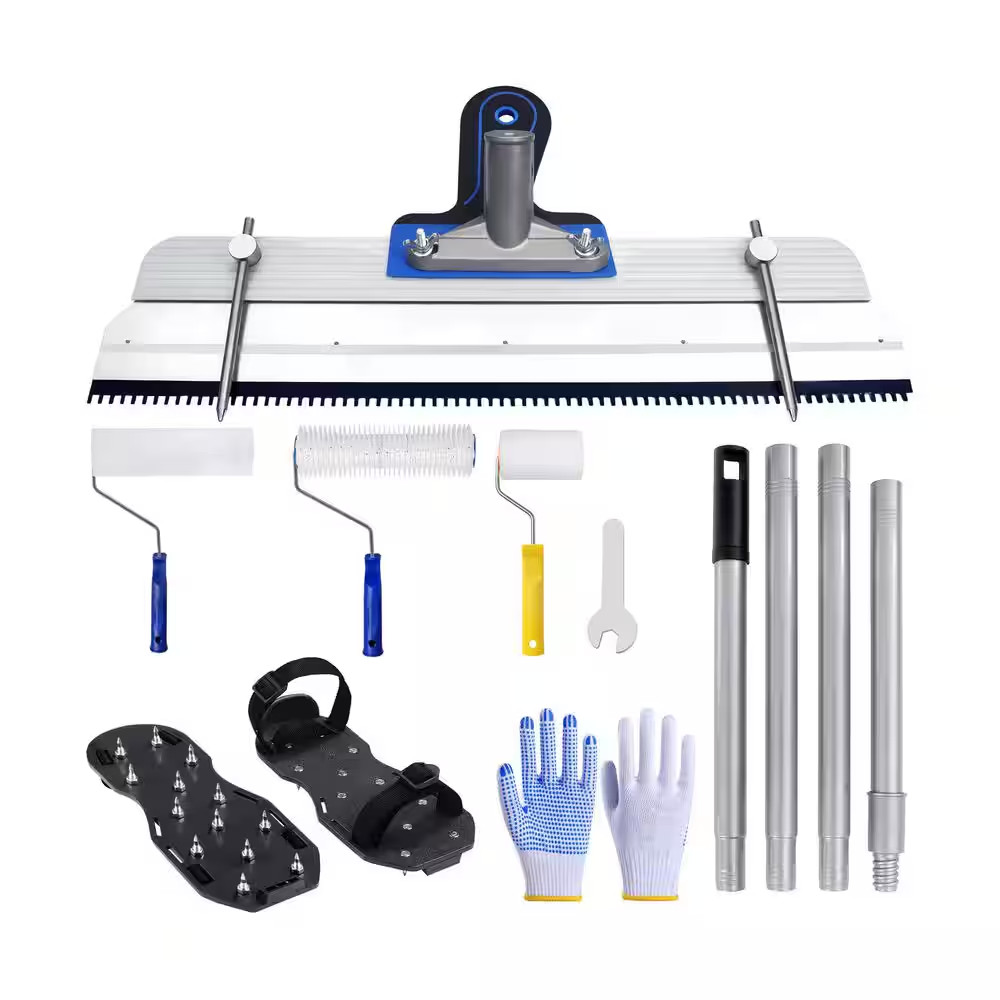Multi-Color Self-Leveling Floor Tool Kit with Rake, Spike Rollers, Paint Roller,