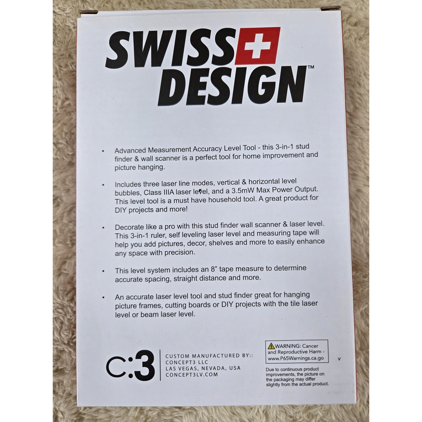 Swiss Design Wall Scanner Laser Level Stud Finder 3in1 Tool New in Box