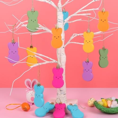 LOAVER 12 Pcs Easter Bunny Hanging Ornaments,Colorful Peeps Bunny Plastic