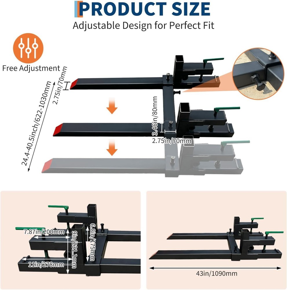 Heavy Duty Tractor Pallet Fork | 2000 lbs Load, Adjustable Width, Cast Iron