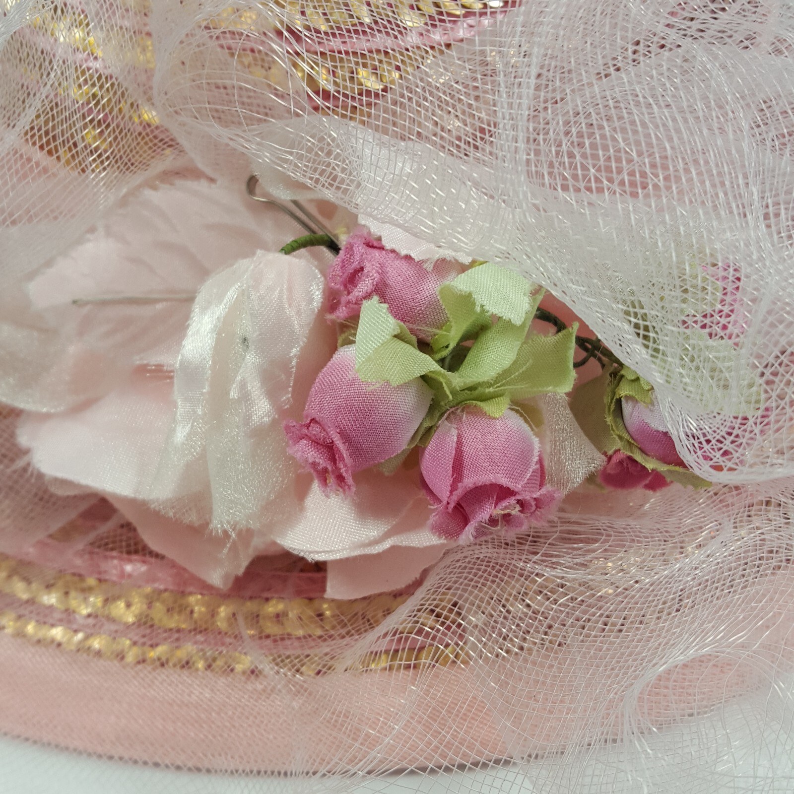 Vintage Whittall Shon Womens Cartwheel Sun Hat Pink Gold Floral Flower Sequin