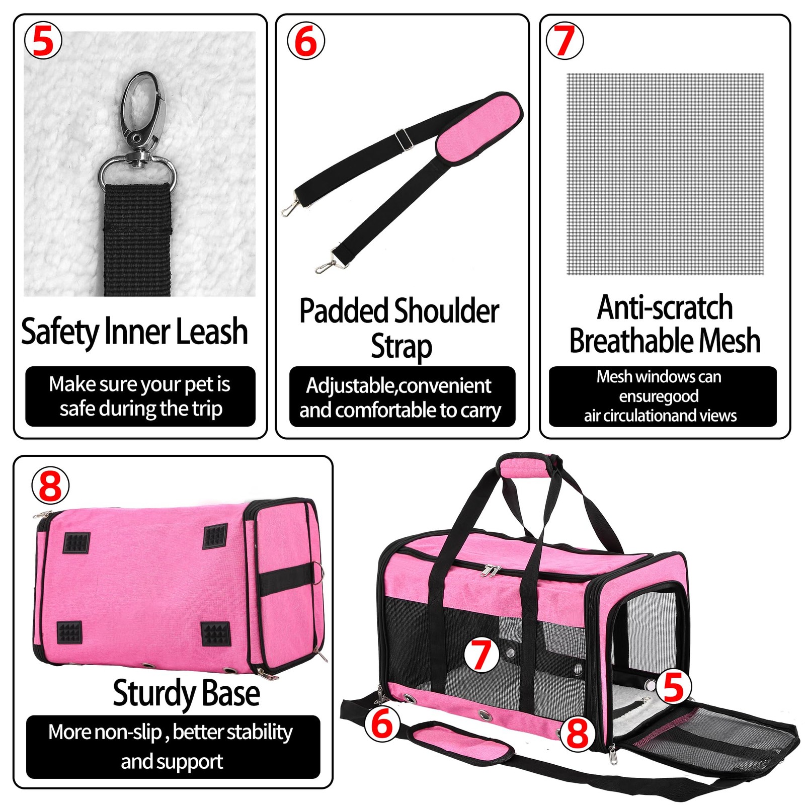 Soft Sided Cat/Dog Carrier, Collapsible, Airline Approved, Pink, for Pets up to