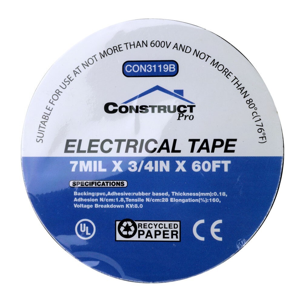 Construct Pro UL-Listed Electrical Tape (3/4in x 60ft, Black Rubber)