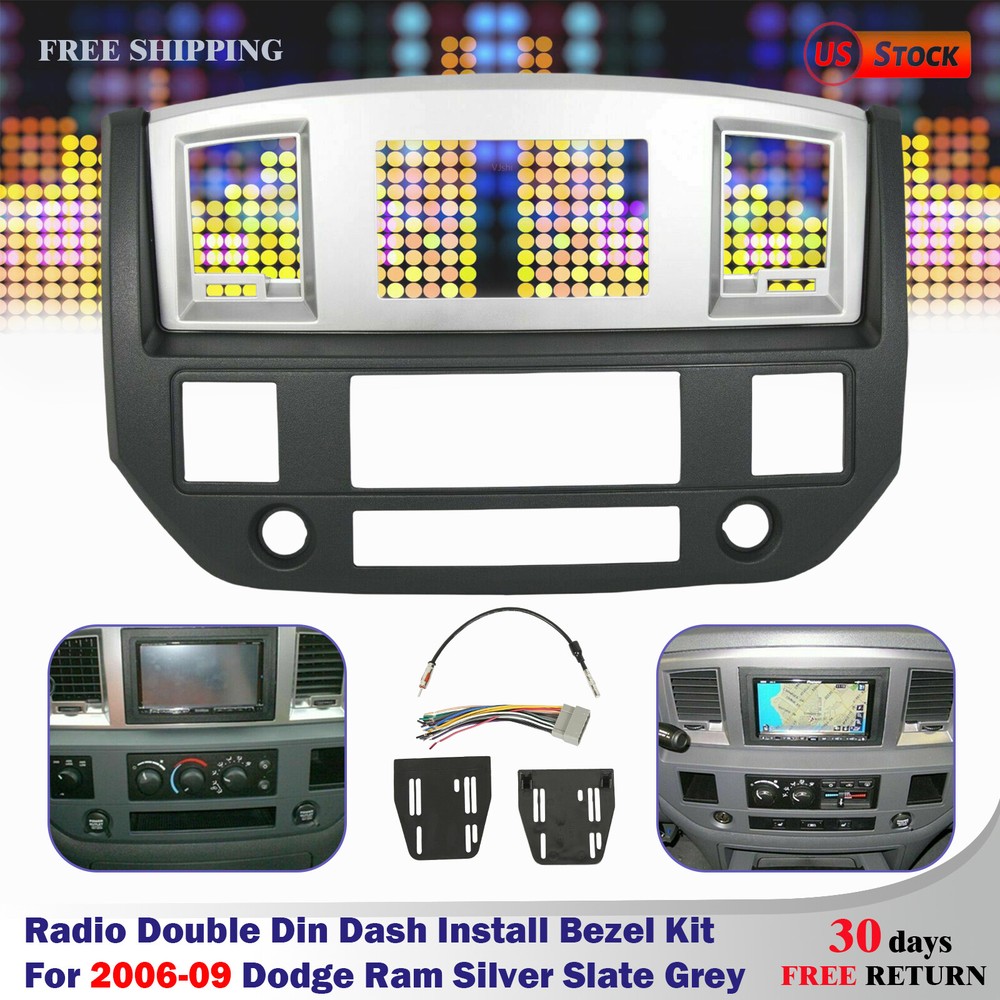 Radio Double Din Dash Install Bezel Kit Silver Slate Grey Fits 2006-09 Dodge Ram