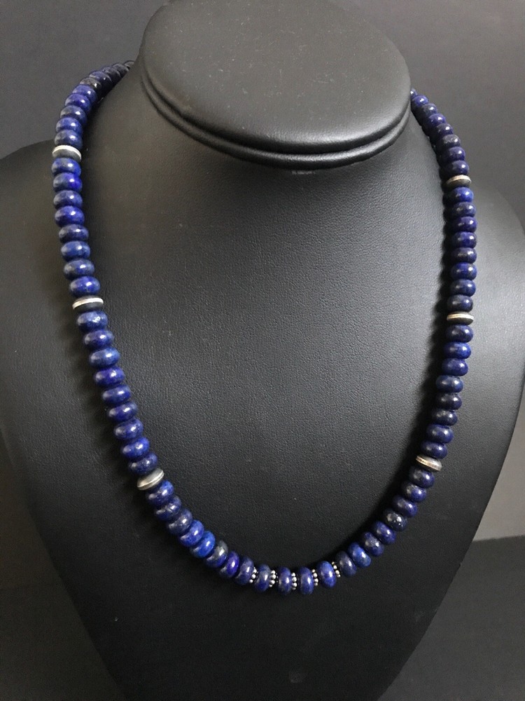Sterling Silver Lapis Bead Necklace. 18.75 inch
