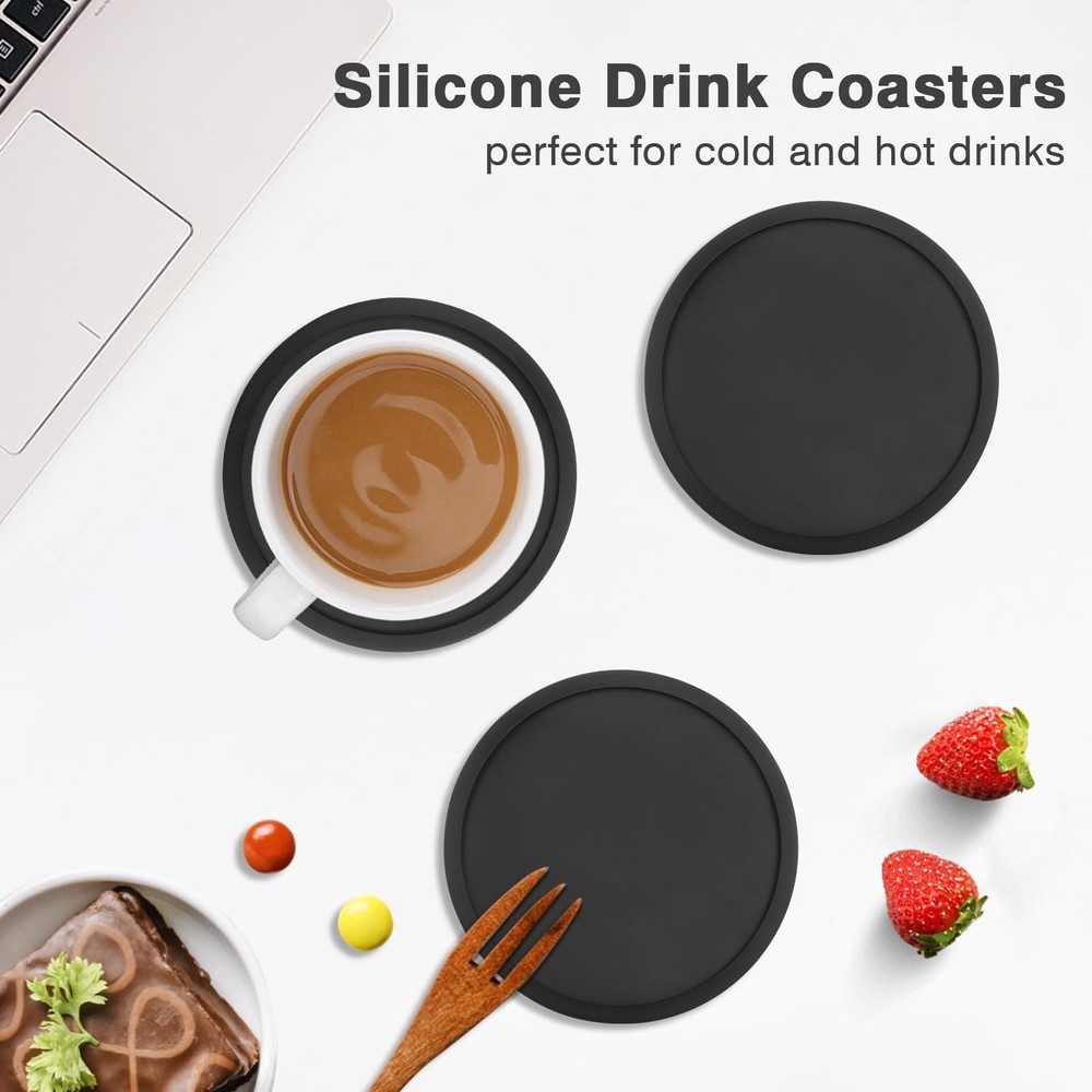 2 Pack Silicone Coasters for Drinks, Round Black 2pack- Coaster