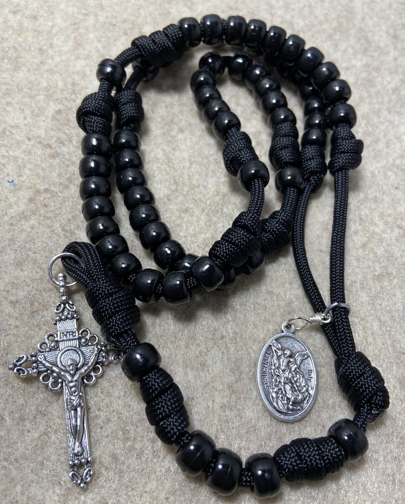 Catholic Paracord Rosary-Black Beads Rosary- St. Michael Medal - Handmade