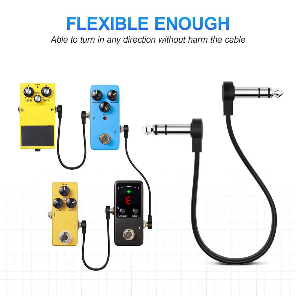 Premium 12-Inch TRS Flat Patch Cables 2-Pack, Low Profile Right Angle, Black