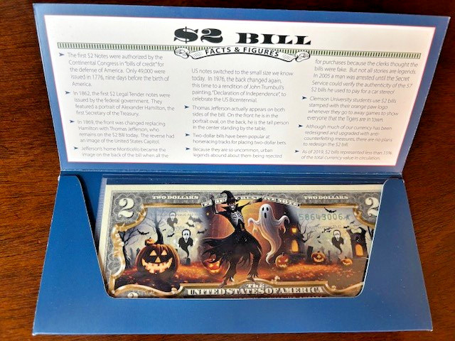 Halloween $2 bill with certificate of authenticity
