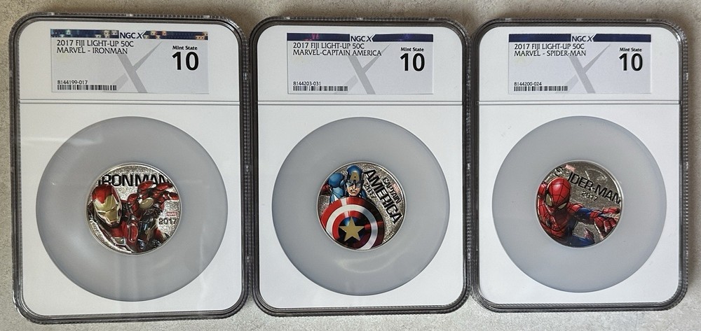 2017 FIJI MARVEL LIGHT-UP 3 Coin Set NGC MS10 Ironman, Spider-Man & Cap’t Ameri