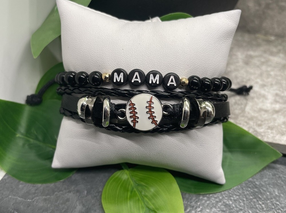 2 PC Baseball Mama Bead PU Leather Bracelet Stackable Adjustable Tie New B828