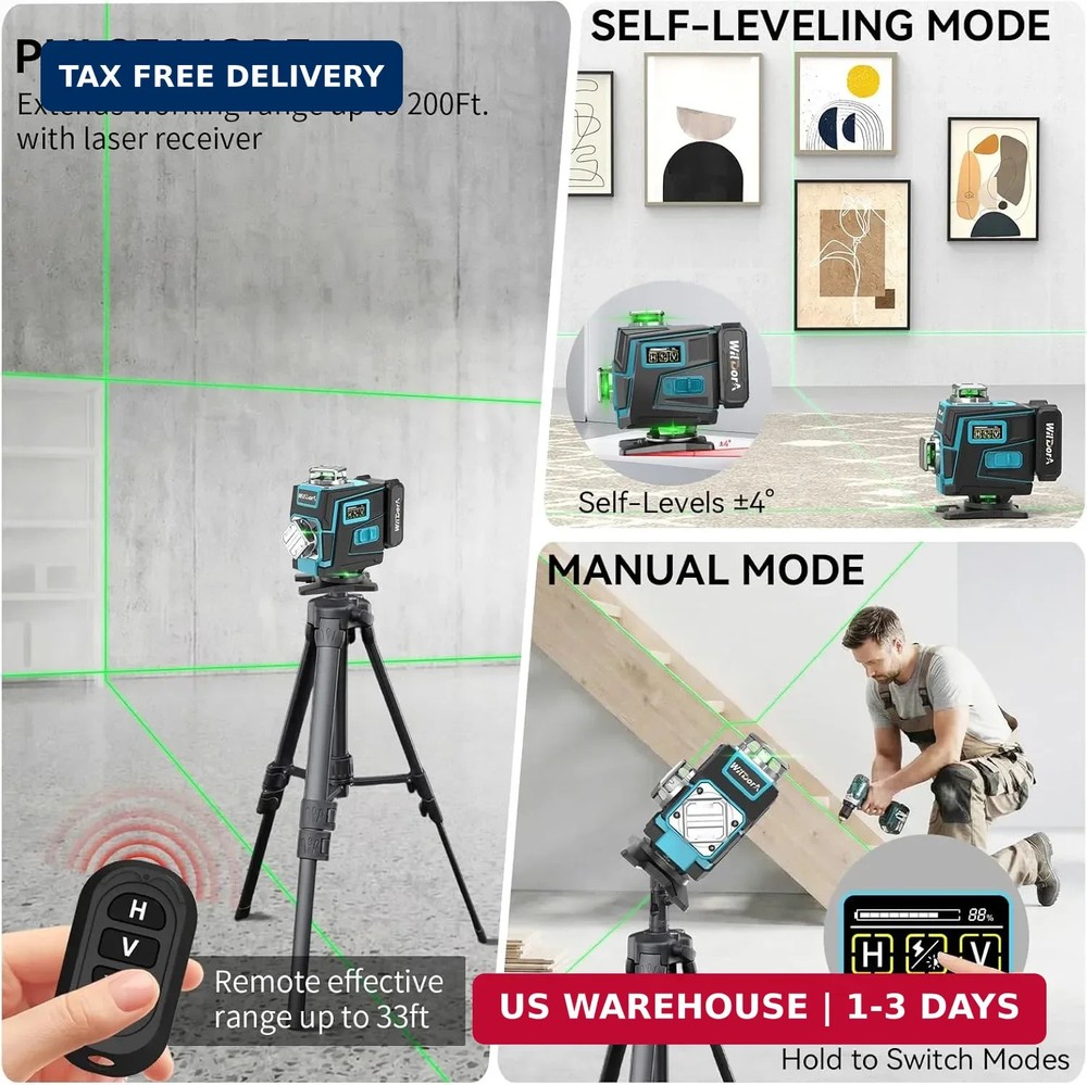 Laser Level with Tripod, 4x360° Self Leveling ±4° Laser Level, Remote Control 4D