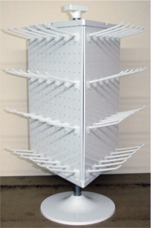 3 Sided Plastic White Counter Top Peg Board Spinner Rack Display with Hooks