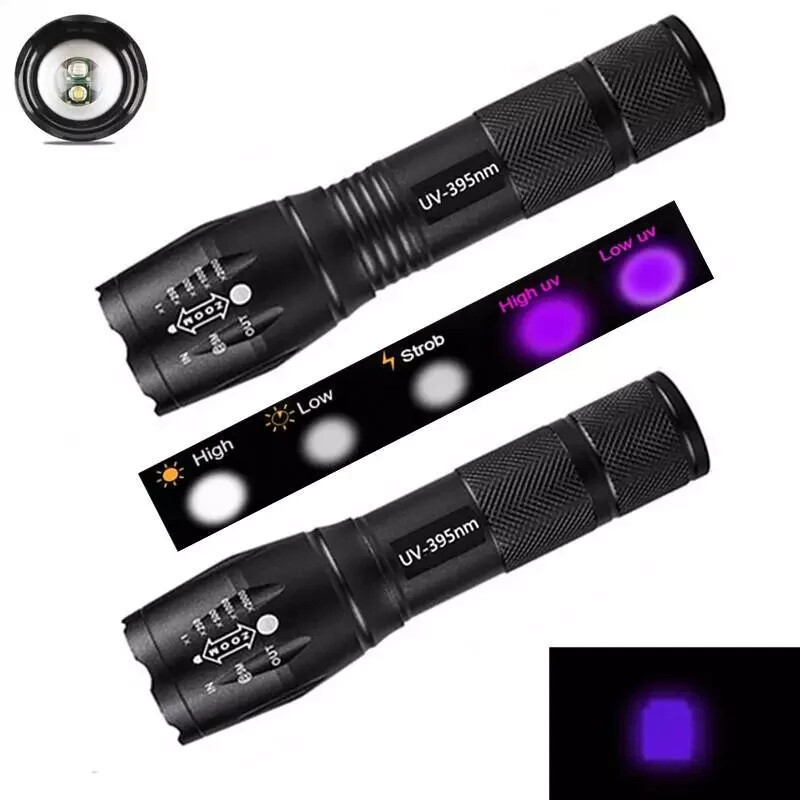 UV Flashlight LED Torch Zoomable Ultra Violet Black White Dual Light Detector