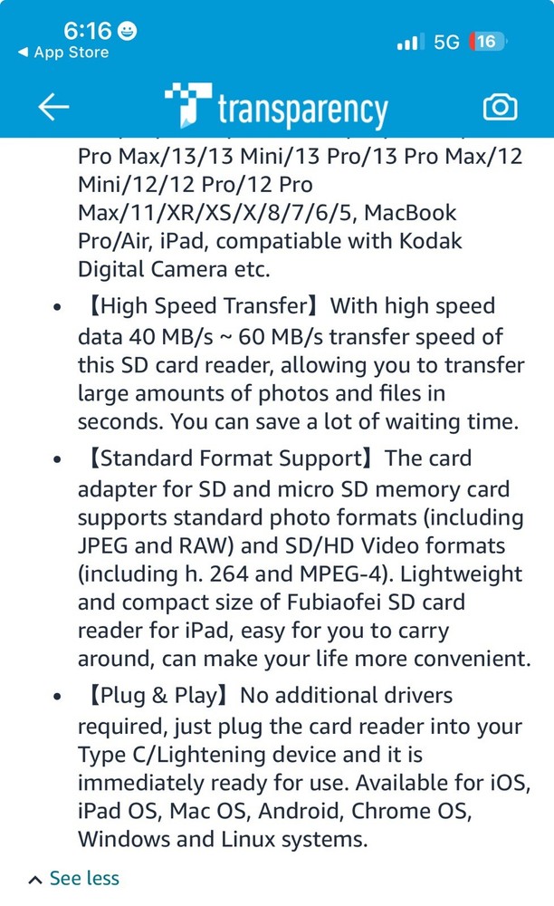 Apple Compatible Card Reader For Camera SD Cards Open Box New