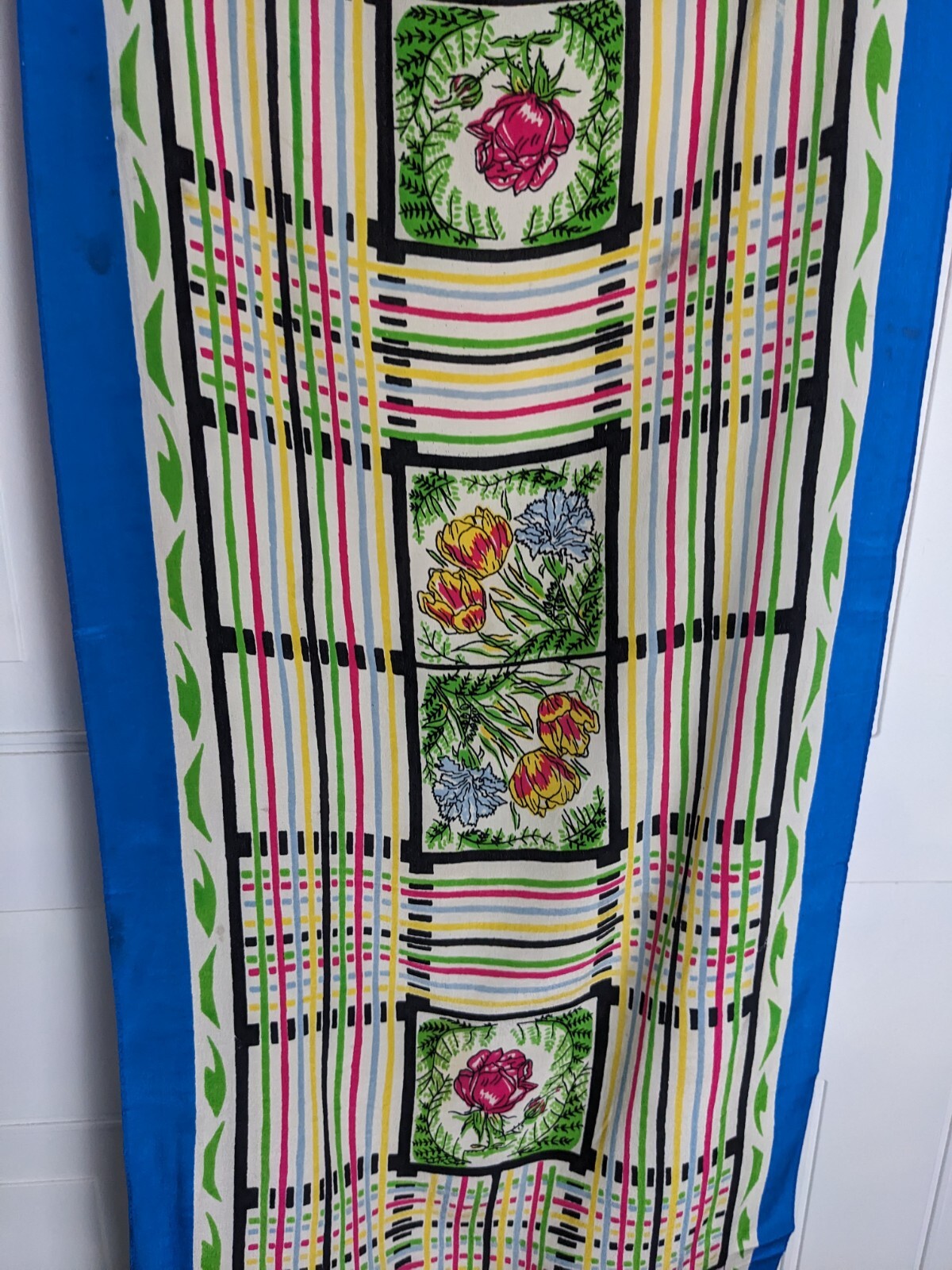 Vintage floral bird stripped scarf long rectangle approx 15 x 40" satin