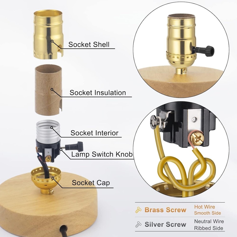 UL Listed E26 3-Way Lamp Socket Replacement with Turn Switch Knob, Gold, 2-Pack