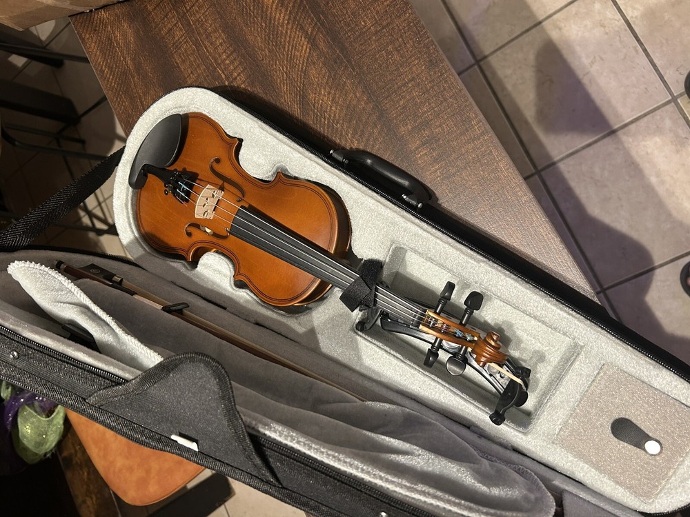 1/8 Full Size Solid wood 4 String Violin Kit Tiger Pattern With Case Portable