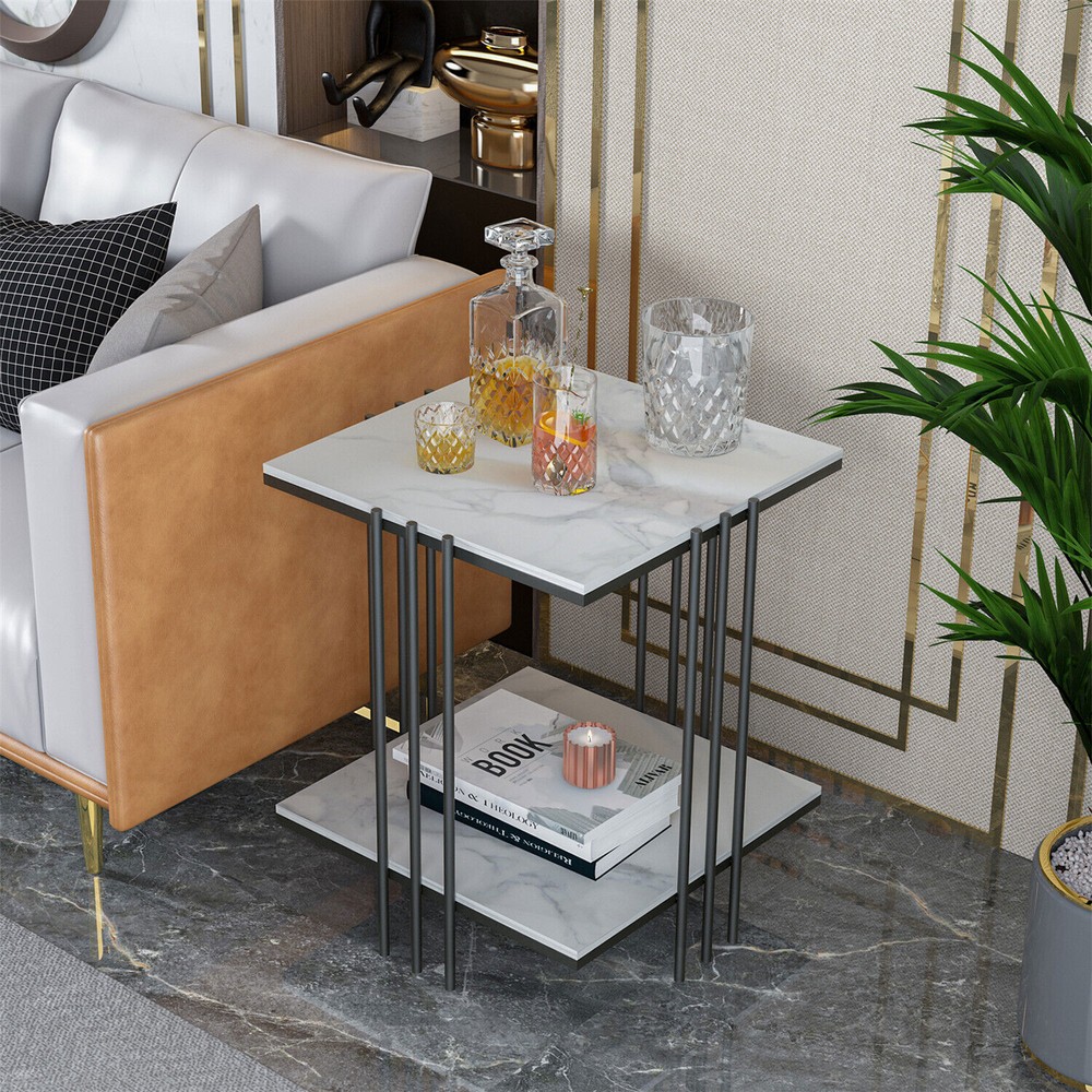 Solid Heavy Square Side End Tables Real Marble Top & Bottom Shelves Glod/ Black