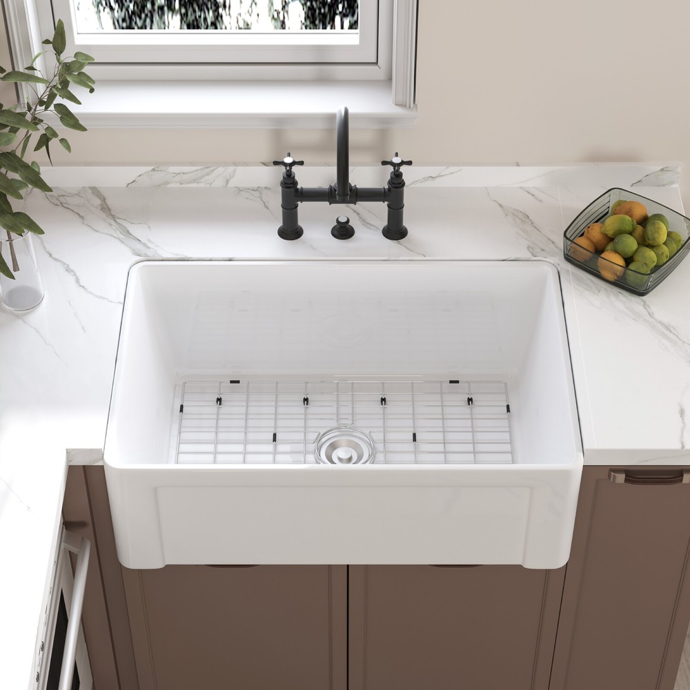 36'' 33"30" Kitchen Sink White Rectangular Ceramic Apron Farmhouse Sink Strainer