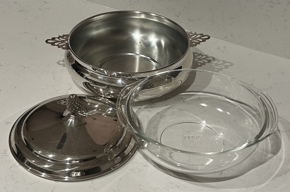 Vintage Silver Plated 2 Quart Covered Casserole with Pyrex Liner Insert