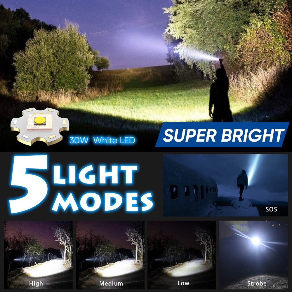 1000000 Lumens LED High Powerful Flashlight Super Bright USB Rechargeable Torch