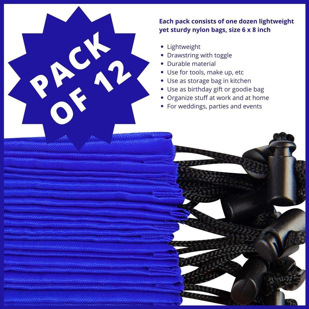 Drawstring Bag - Nylon Cinch and Ditty Stuff Pouch with Toggle (6 x 8-12 pack, B