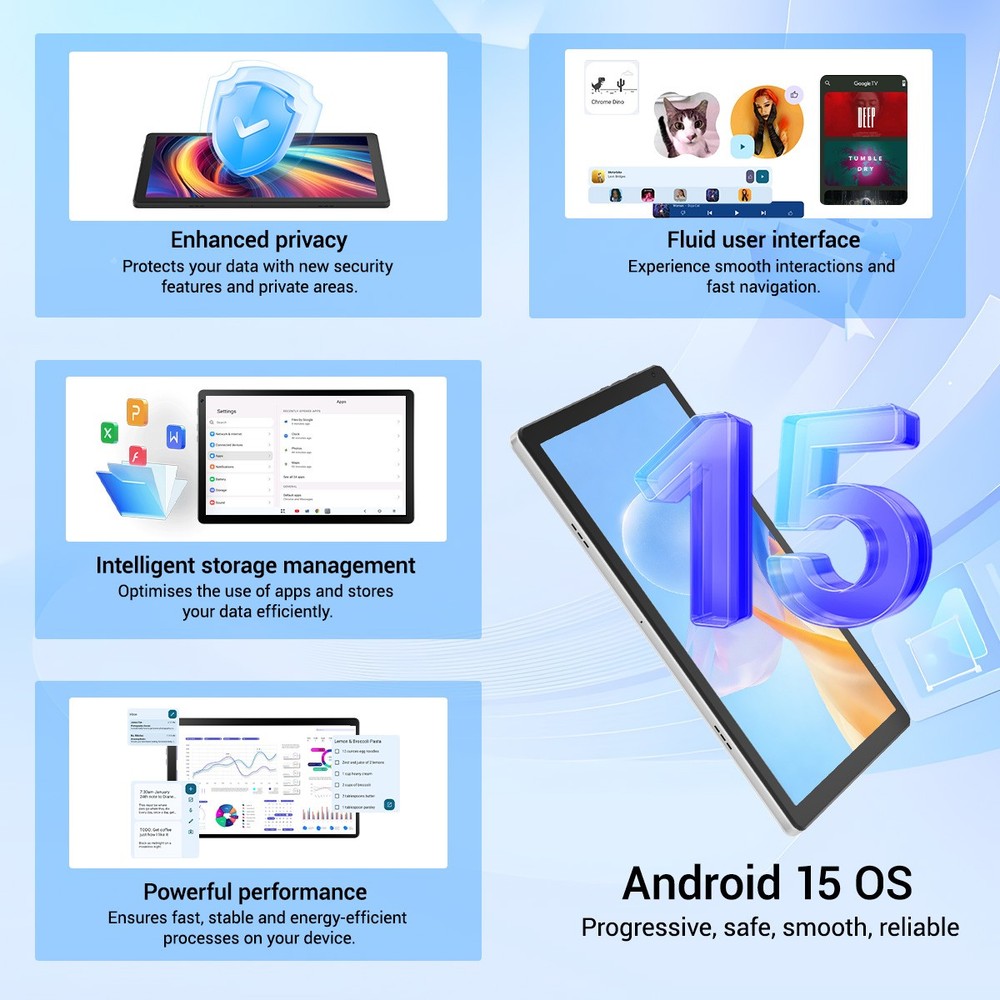 10.1 inch Android 15 Tablets IPS HD Octa-Core 16+32GB Dual Camera Touchscreen