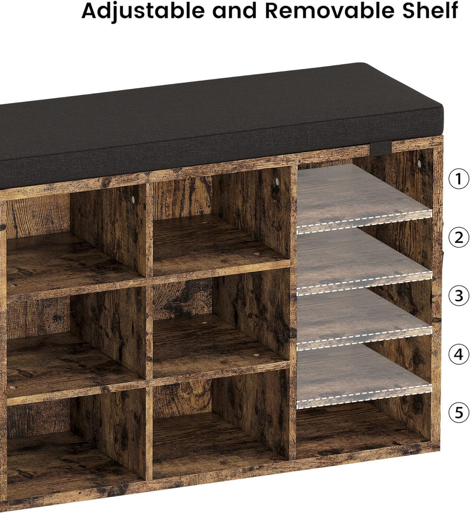 Rustic Shoe Storage Bench with Cushion & 10 Cubbies for Entryway, 41
