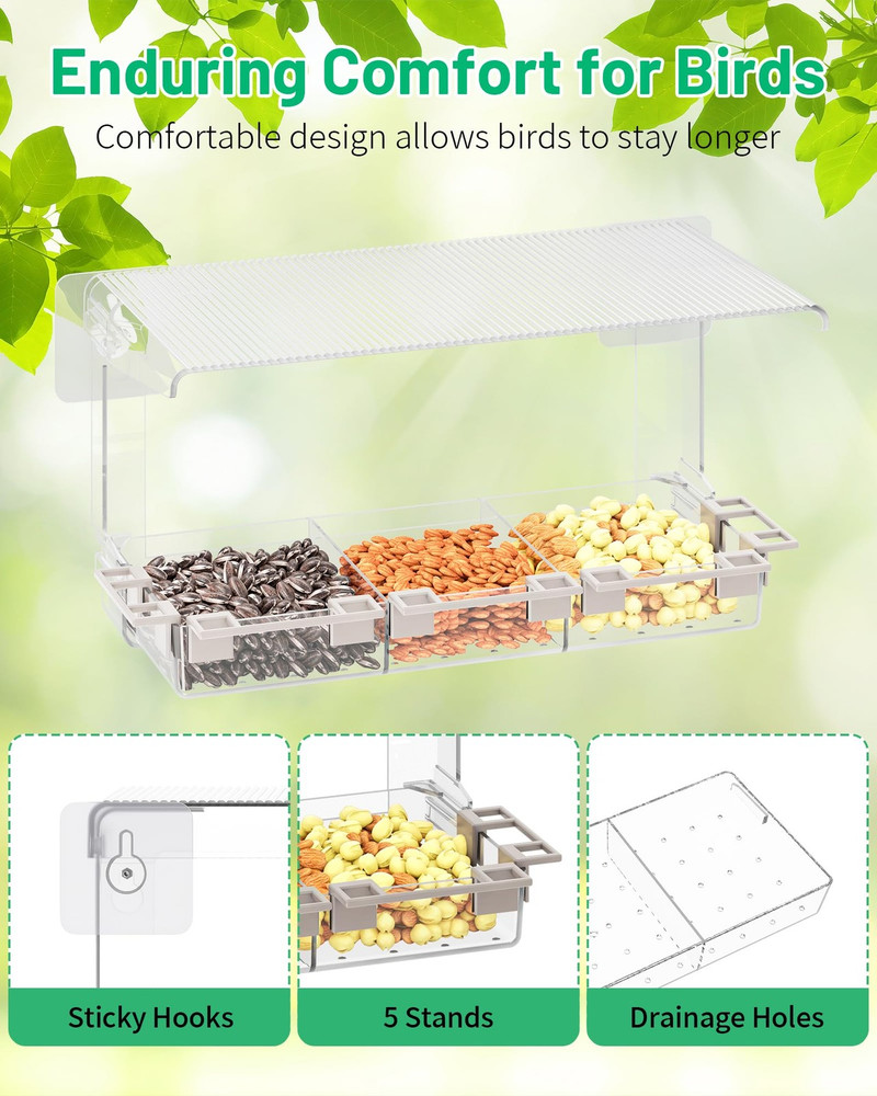 Clear Window Bird Feeder Outdoors - Bird Feeder for Viewing with 5 Perching S...