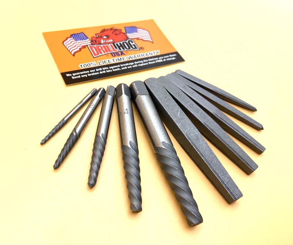 Easy Out Set Screw Extractor Set 10 Pc Spiral & Square Type Combo Set Drill Hog®