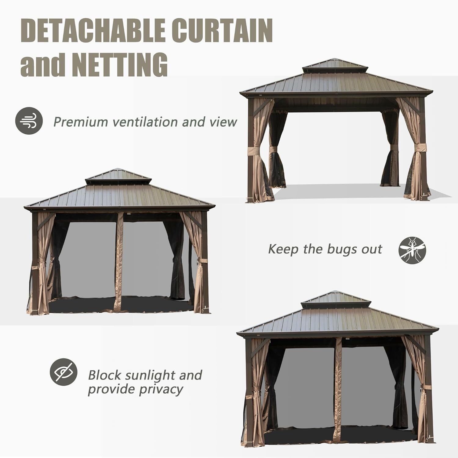 Domi 12’ x 12’ Hardtop Gazebo Outdoor Aluminum Gazebo w/Curtain and Net, Brown