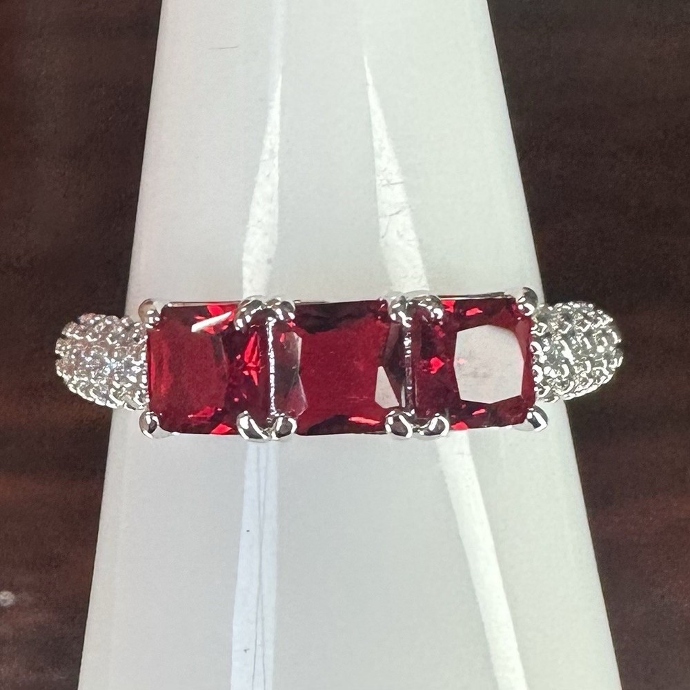 Bomb Party Ring- Lab Created Ruby- Size 10- Rhodium Plated