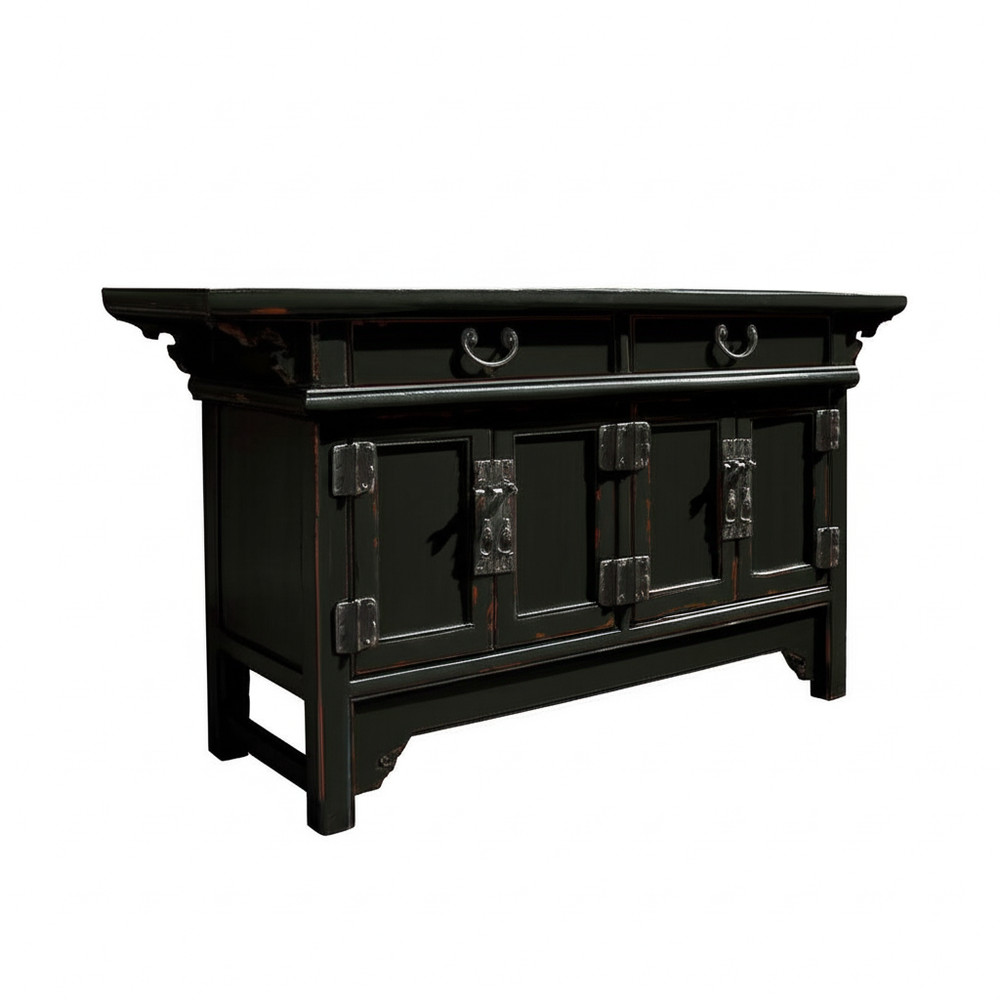 Distressed Black Scroll Accent Low Sideboard Console Table Cabinet ws4758