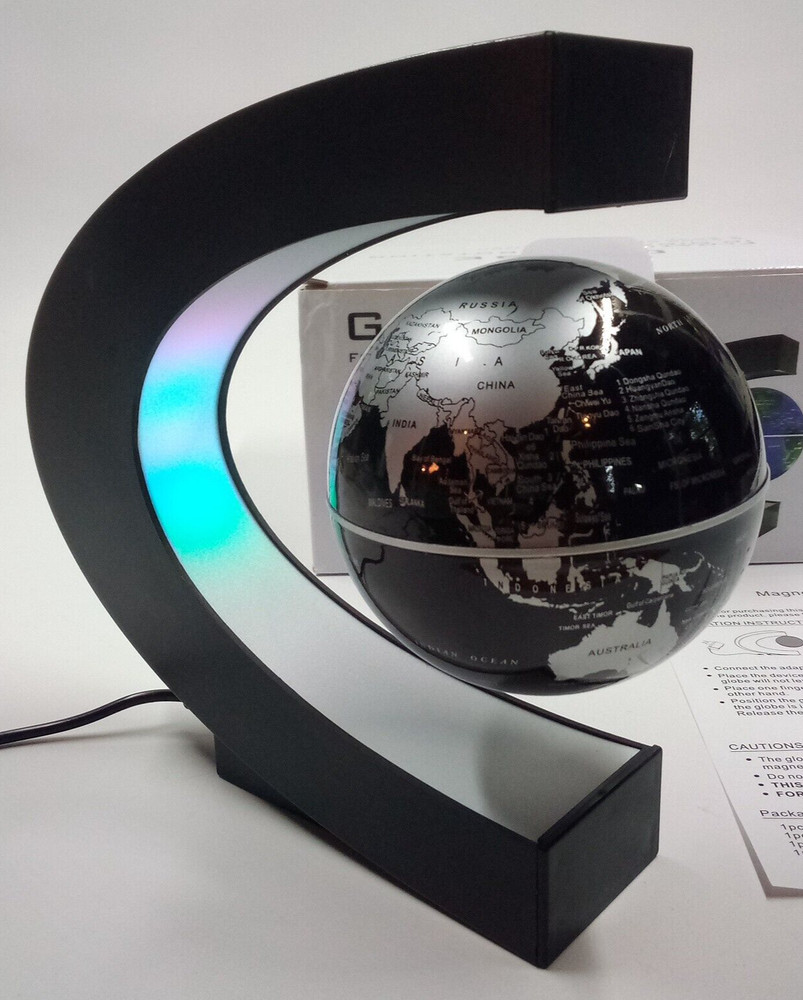 Globe Magnetically Floating in Midair Colorfully Lighted Black & Silver Globe