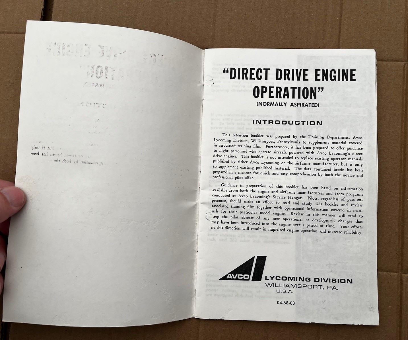 Vintage AVCO LYCOMING "DIRECT DRIVE ENGINE OPERATION" INFORMATION Manual Booklet