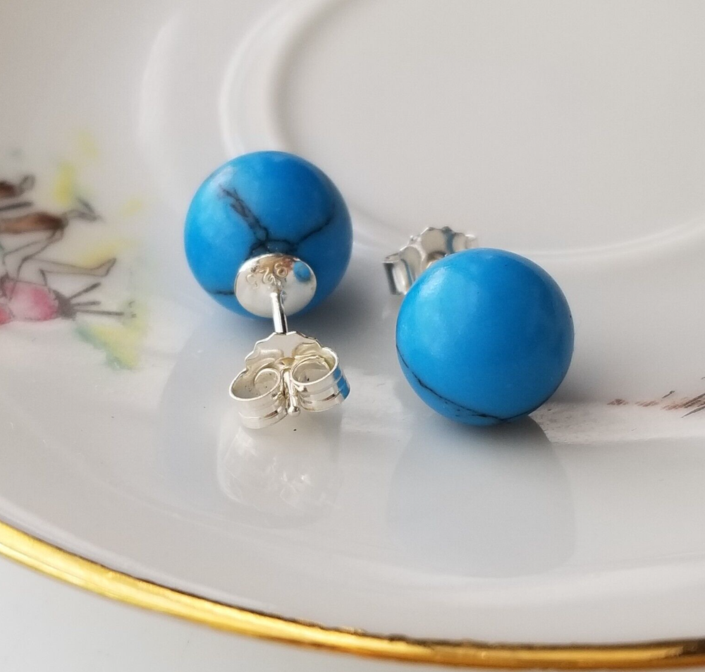Handmade Blue Color Turquoise 10mm Ball Stud Earrings Solid 925 Sterling Silver