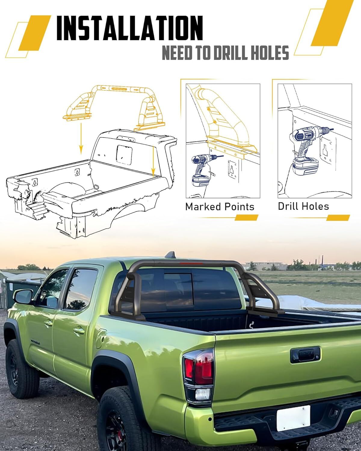 Roll Bar Fits for Toyota Tacoma 2005-2025 with Light Mounting Bracket Heavy Duty