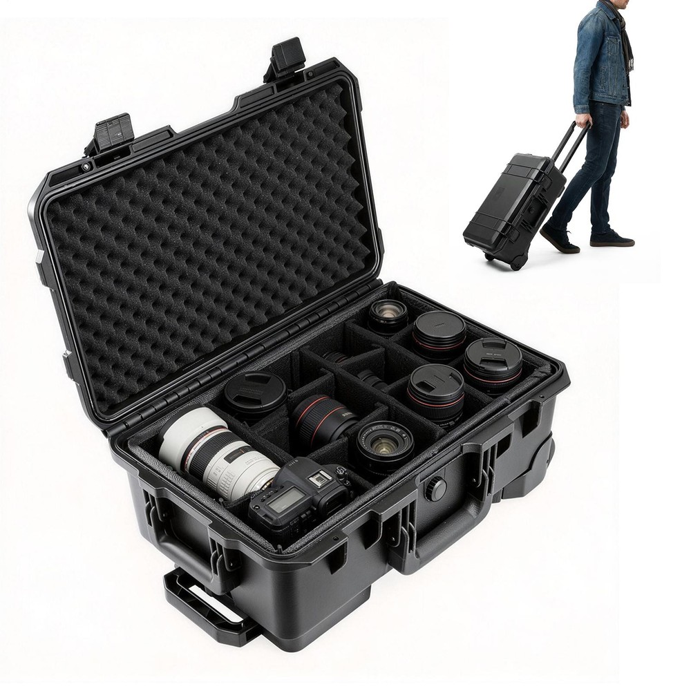 Rolling Hard Camera Case with Wheels, Large, Black, Solid, 22"L x 14"W x 9"H