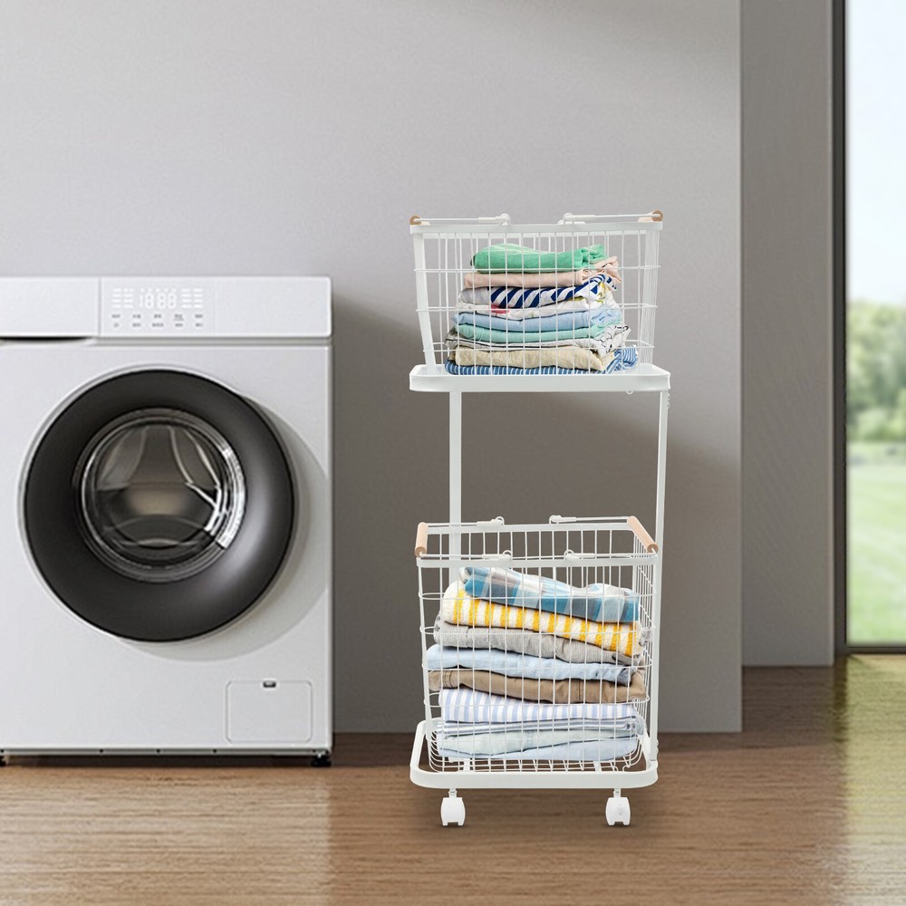 2 Tier White Laundry Basket With Wheels Metal Rectangular Laundry Basket