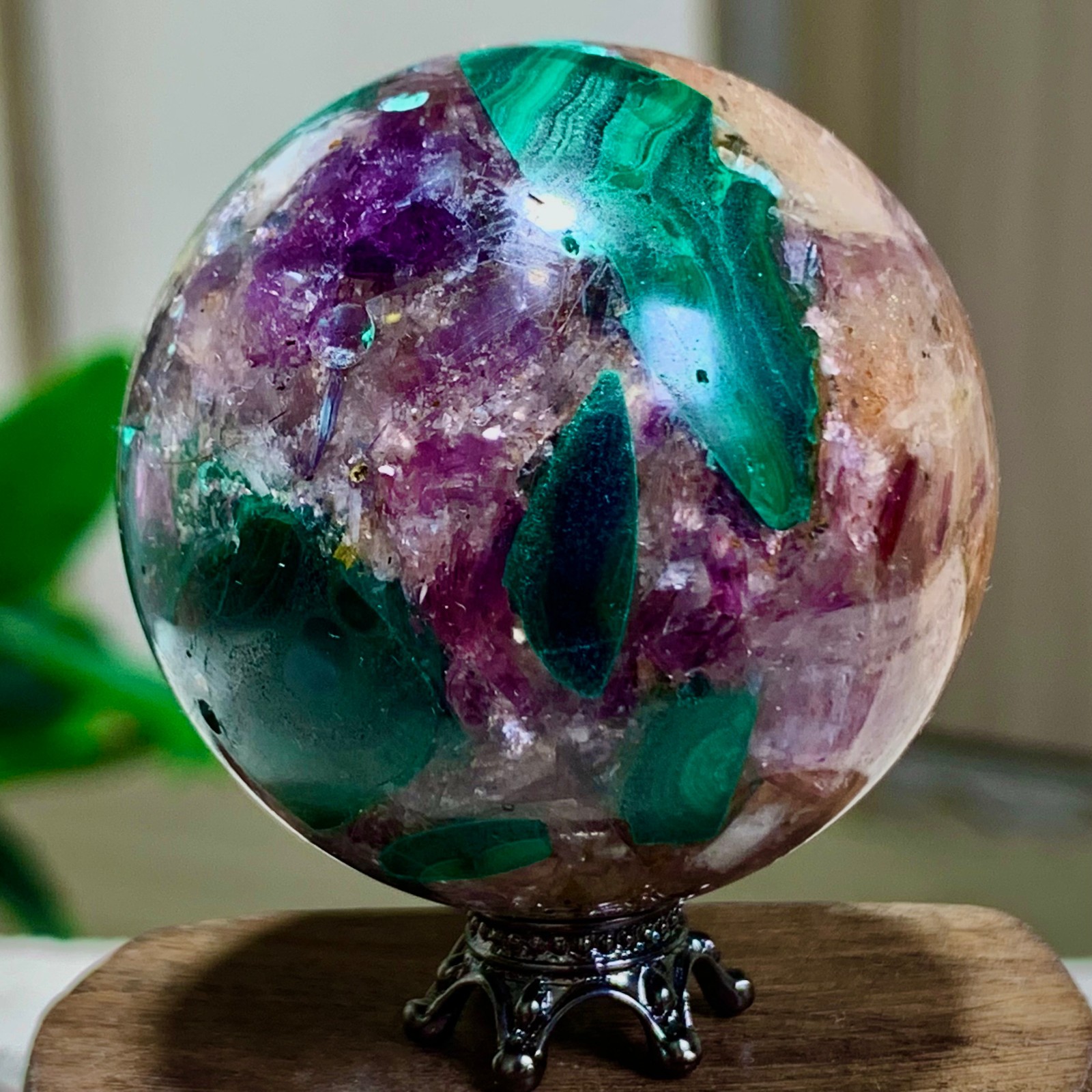129G Newly discovered rare malachite purple mica symbiotic sphere restoration